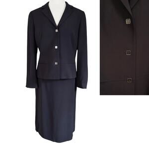 Vintage Louis Feraud Wool Skirt Blazer Black Suit Set LF Logo Buttons Size 10